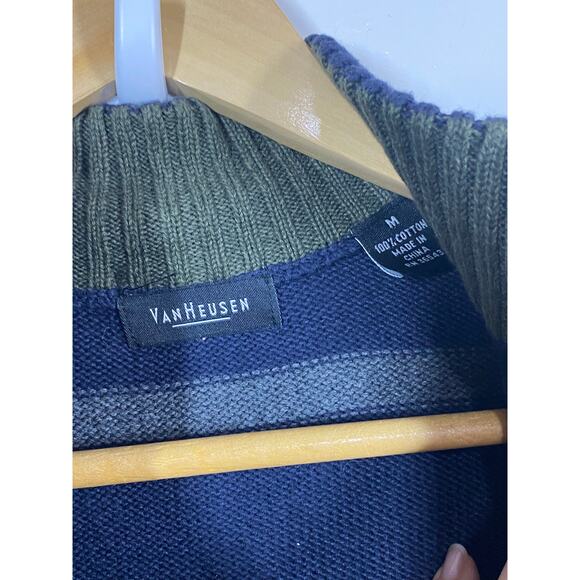 Van Heusen Men's 1/4 Zip Cotton Blue Gray Striped Pullover Knit Sweater MEDIUM - Picture 3 of 9